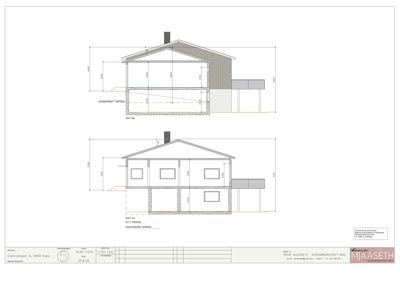 Snittegning (Snitt AA og Snitt BB) som viser bygningens tverrsnitt, høyder, takform og grunnkonstruksjon.