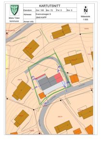 Kartutsnitt (situasjonsplan) som viser eiendomsforhold, bygningers plassering, vegforløp og høydemålinger for Evenrudvegen 9 i Kapp.