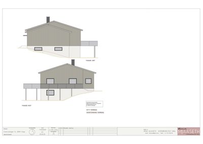 Fasadetegning som viser bygningens utseende fra vest og øst, inkludert terrasser og takform.