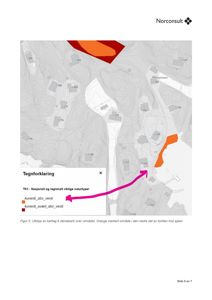 Et kartutsnitt (temakart) som viser terrengform (konturlinjer) og arealer med høy naturverdi (markert med oransje og rødt).