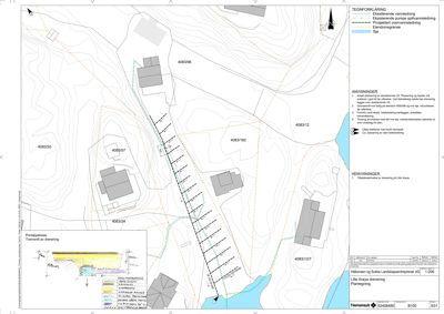 Situasjonsplan som viser tomt, eksisterende og planlagt vannledninger, samt eiendomsgrenser og terrengforhold.