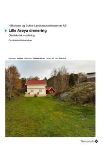 Fotografi av en tomt med hus og terreng, inkludert tekst om geoteknisk vurdering.