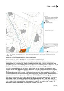 Situasjonsplan som viser tomt, bygninger, veier og vannareal med overlagte dispensasjonsgrenser (orange linjer).