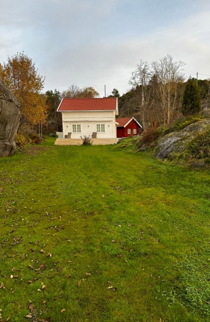 Fotografi av en hvit hytte med rødt tak og en mindre rød uthus, sett fra en grønn hage mot bakgrunn av skog og fjell.