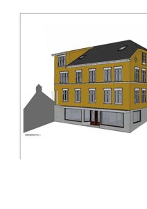 3D-visualisering (rendering) av en gul bygning sett fra en vinkel, med en grå skyggeform av nabobygning til venstre.