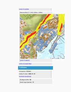 Et støyvarselskart (T-1442) som viser støykartlegging for et område, inkludert bygninger, veier og topografi.
