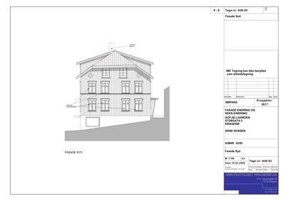 Fasadetegning (opprikk) av bygningens sydfasade med detaljer om vindusendringer og tak.