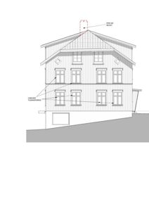 Fasadetegning som viser bygningens utseende fra siden, inkludert vinduer, tak og en pipe.