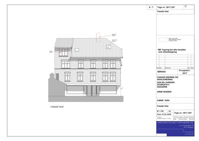 Fasadetegning (vest) som viser bygningens utseende med vinduer, tak og fasadepanel.