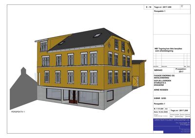 3D-perspektivtegning (rendering) av en gule fasadet med grå sokkel og svart tak. Tegningen viser bygningens utseende, vinduer og takform.