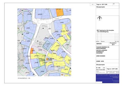 Situasjonsplan som viser tomtedeling, eiendomsnummer (f.eks. 32/87), veier og bygningers plassering i forhold til hverandre.
