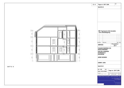 Snittegning (Snitt B-B) som viser bygningens tverrsnitt, romfordeling og høyder.