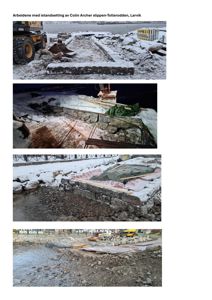 Fotografier av arbeidene med istandsetting av Colin Archer slippen i Tollerodden, Larvik. Bildene viser ulike faser av arbeidet med steinmur og grunnarbeider i snø.