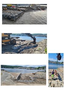 Fotografier av en byggeplass ved vannet, der det vises arbeide med å fjerne eller flytte store steinblokker i en molo eller kai.