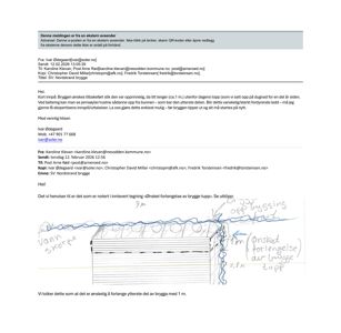 En håndtegnet snittegning som viser en brygge med vannlinje, og en markert ønsket forlengelse av bryggetoppen.