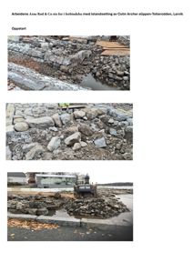 Fotografier som viser arbeid med istandsetting av en steinmur ved vannet (Colin Archer slippen).