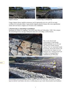 Fotografier av en steinsetting langs vannkanten, inkludert dagens tilstand, en visualisering av tilbakeføring, og detaljer om steinene og bindingsverket.