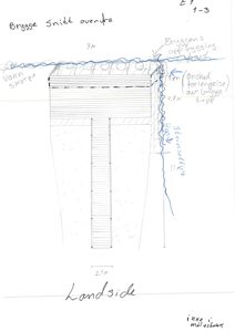 Snittegning av en brygge som viser konstruksjonen fra vannskorpe til land, med mål og notater om oppbygging.