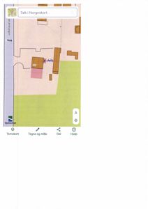 Bildet viser en digital kartvisning (Norgeskart) med en bygning markert med et 'X' og en adresse (1988).