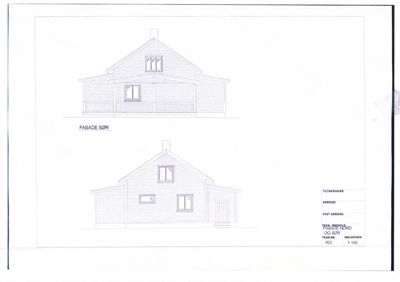 Tegning som viser fasadeopprikk for en bygning sett fra sør og nord.