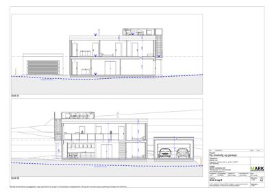 Bildet viser to snittegninger (Snitt A og Snitt B) av en planlagt enebolig og garasje, som illustrerer bygningens tverrsnitt, høyder og romfordeling.