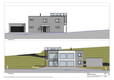 Bildet viser fasadetekninger for en bolig, med oppriss av bygningen sett fra nord og sør.