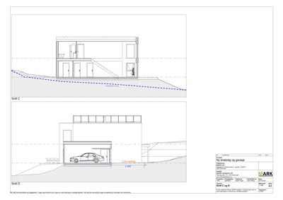 Snittegning (Snitt C og Snitt D) som viser tverrsnittet av en ny enebolig og garasje, inkludert innvendig oppriss og grunnplan.