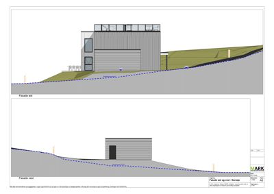 Fasadetegning som viser bygningens utseende sett fra øst og vest, inkludert terrengforhold.