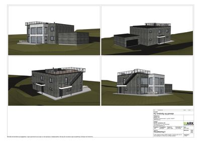 Bildet viser fire 3D-visualiseringer av en planlagt enebolig og garasje sett fra ulike vinkler.