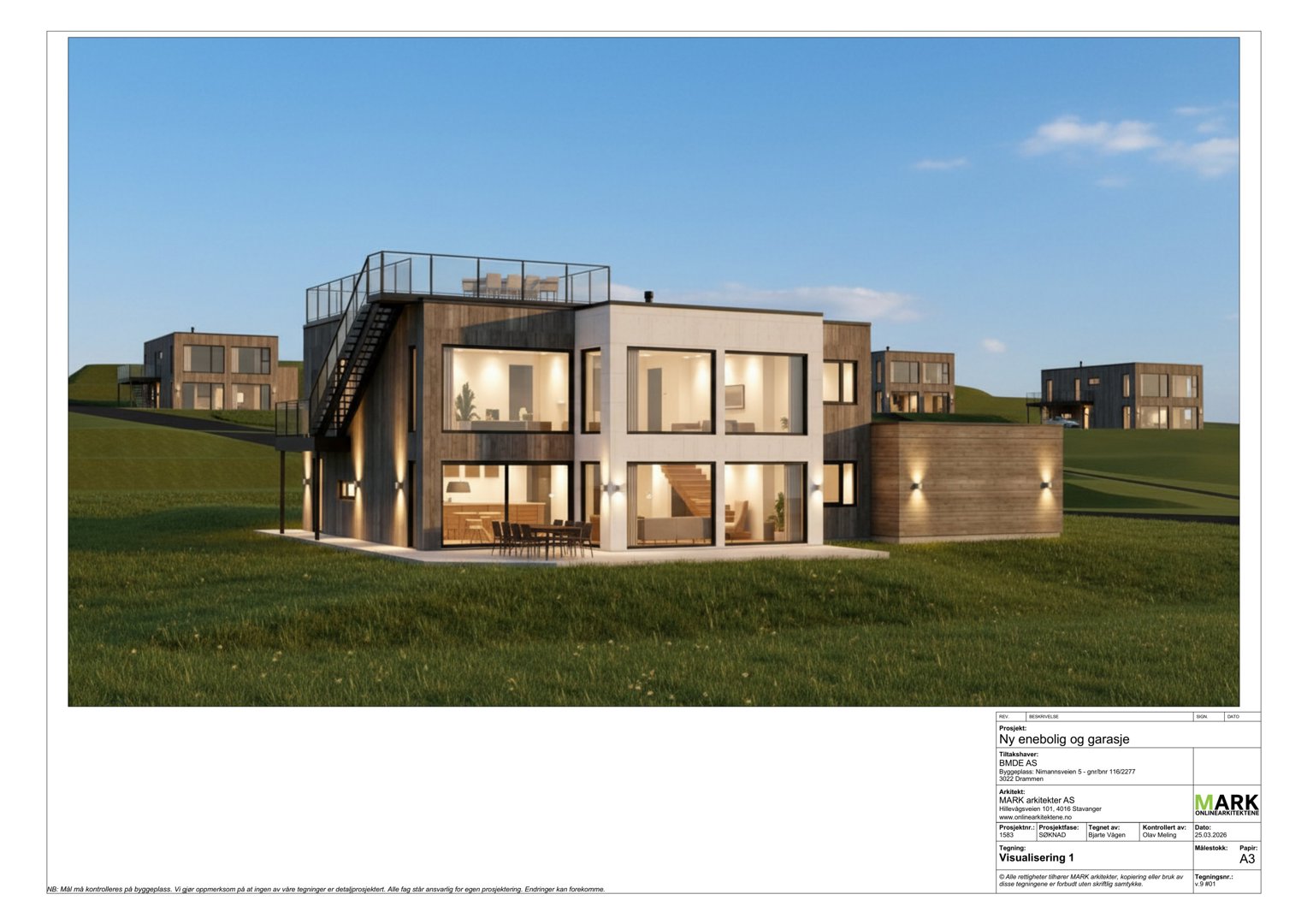 3D-visualisering av en planlagt ny enebolig og garasje.