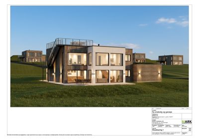 3D-visualisering av en planlagt ny enebolig og garasje.