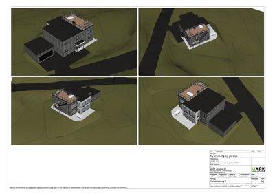 Bildet viser fire 3D-visualiseringer av et nytt eneboligprosjekt med garasje, sett fra ulike vinkler.