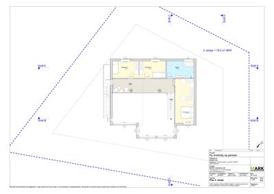 Etasjeplan for 2. etasje med romfordeling og snittlinjer