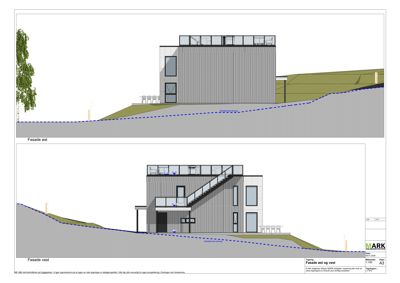 Bildet viser fasadetegninger for en bygning sett fra øst og vest, inkludert terrengforhold.