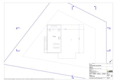 Etasjeplan for takterrasse med romfordeling og snittlinjer