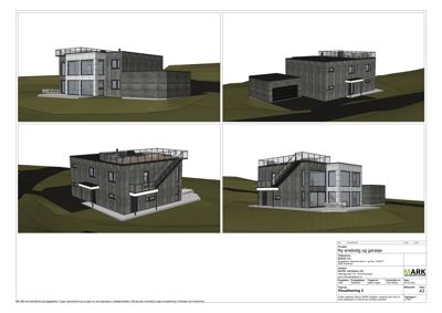 Bildet viser fire 3D-visualiseringer av en planlagt ny enebolig og garasje sett fra ulike vinkler.