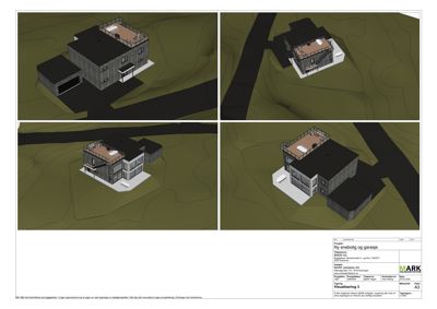Bildet viser fire 3D-visualiseringer av en planlagt enebolig og garasje sett fra ulike vinkler.