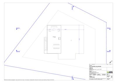 Etasjeplan for takterrasse med romfordeling og snittlinjer