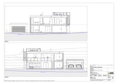 Bildet viser to snittegninger (Snitt A og Snitt B) av en planlagt bygning, som viser romfordeling og høyder.