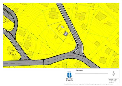 Situasjonsplan eller kartutsnitt som viser tomtens form, høydeforhold (konturlinjer), veier og plassering av bygninger.