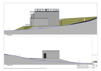 Fasadetegning som viser bygningens utseende sett fra øst og vest, inkludert terrengforhold.