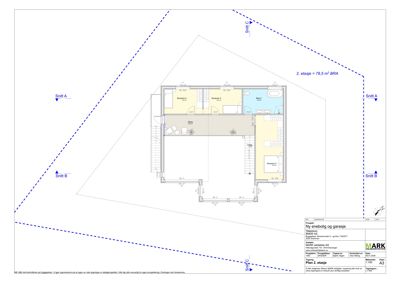 Etasjeplan for 2. etasje med romfordeling og snittlinjer