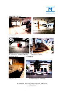 En samling fotografier av en bygning, inkludert innvendige bilder (garasje, trapp, toalett) og et fasadebilde.