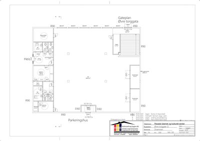 Etasjeplan (gateplan) som viser romfordeling, størrelser og plassering av en bygning.