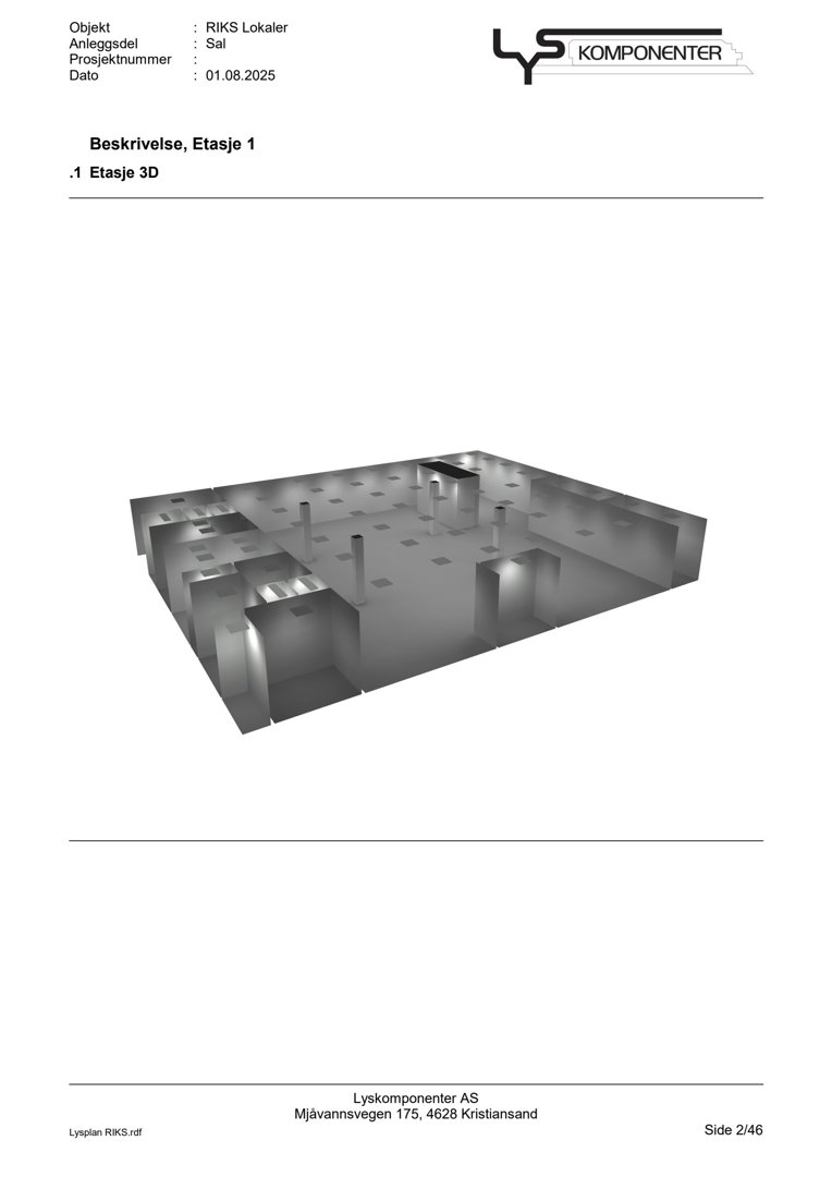 3D-visualisering av etasjeplan (Etasje 3D) som viser romfordeling og veggkonstruksjoner.