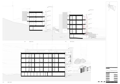 Snittegning (tverrsnitt) av en fleretasjes bygning som viser romfordeling, konstruksjon og terrengforhold.