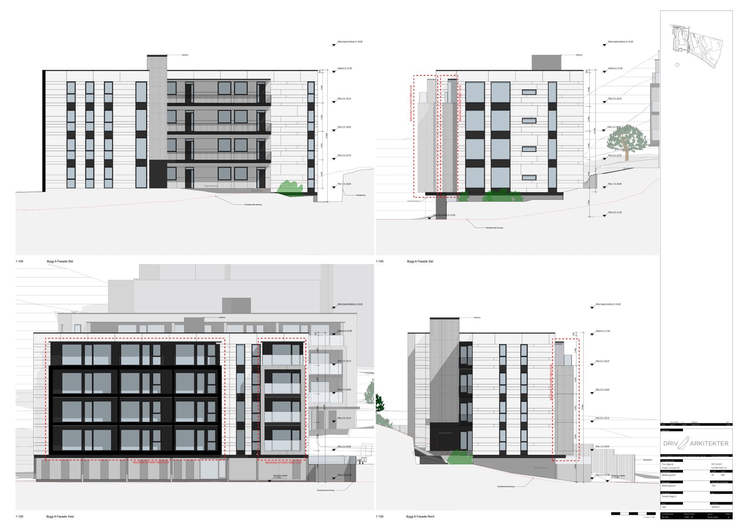 Fasadetegning som viser bygningens utseende fra fire ulike vinkler (Sør, Vest, Nord, Øst) med mål og detaljer.