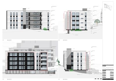 Fasadetegning som viser bygningens utseende fra fire ulike vinkler (Sør, Vest, Nord, Øst) med mål og detaljer.