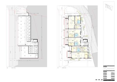 Bildet viser to arkitekttegninger som viser romfordeling og etasjeplaner for en bygning. Tegningene inneholder romnavn, dimensjoner og en situasjonsplan.