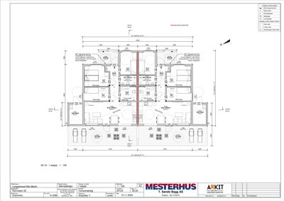 Etasjeplan (1. etasje) som viser romfordeling, stuer, soverom og tekniske rom.
